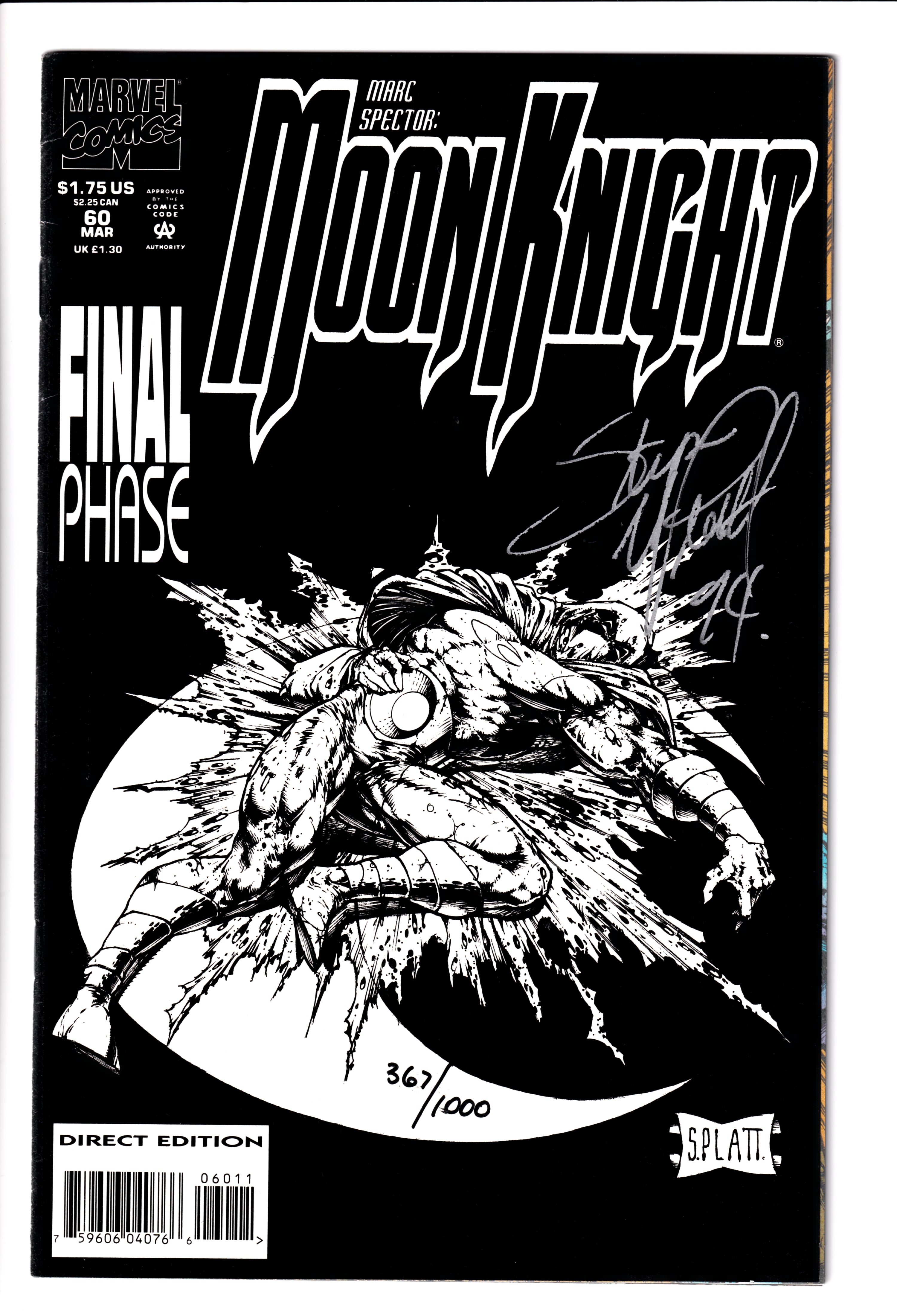 Marc Spector: Moon Knight #60 Signed by Platt Dynamic Forces VF (7.5) (1994)