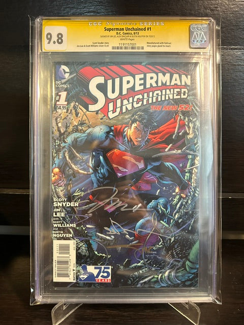 Superman Unchained 3x Sign Jim Lee, Sinclair, Nguyen CGC 9.8 (2013)